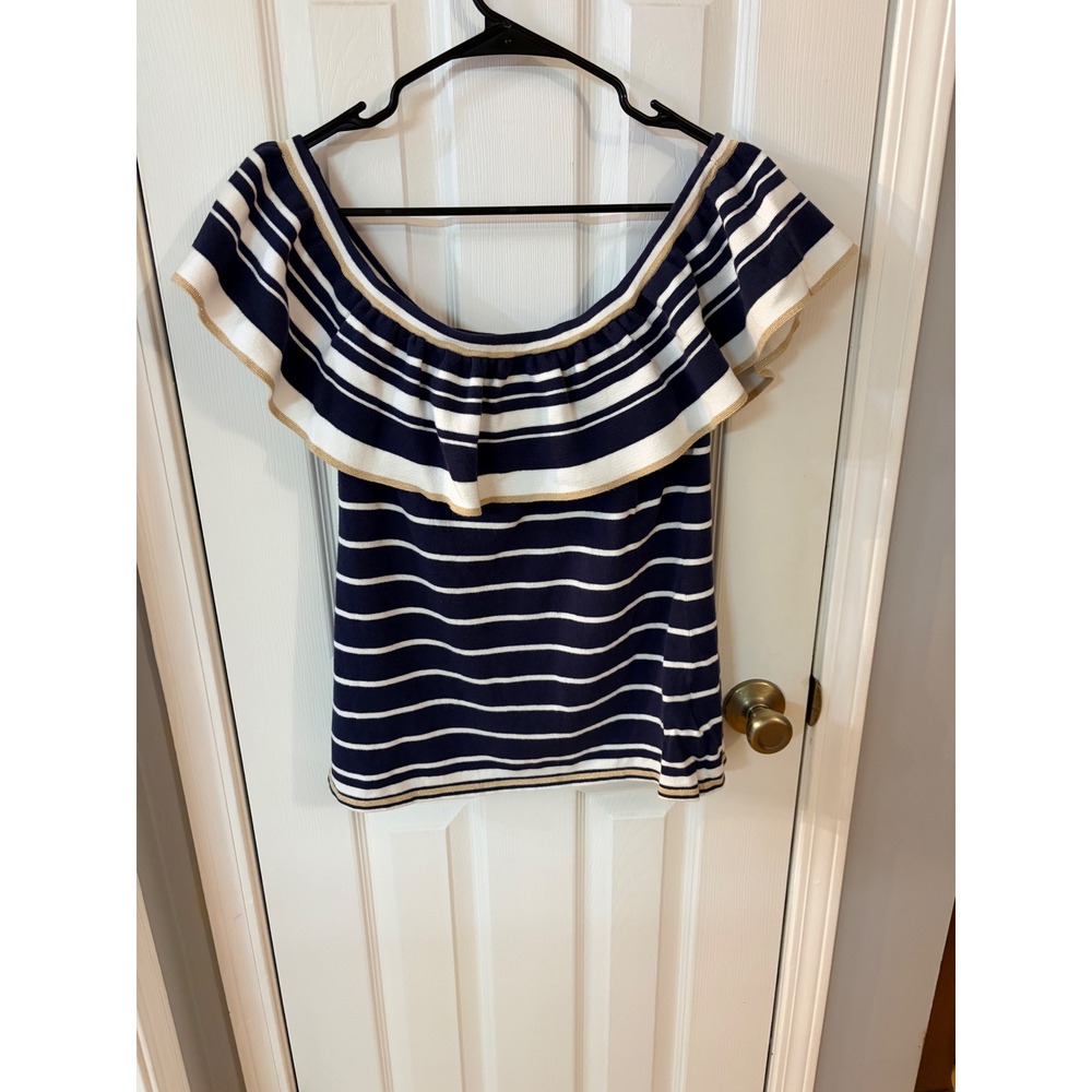 Lilly Pulitzer Top Women Large Navy White Striped Ruffle Off-Shoulder 001602